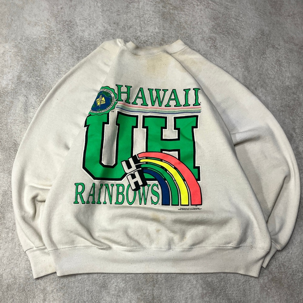 Vintage Hawaii UH Rainbows Sweatshirt DISTRESSED Made in USA Mens Large